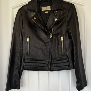 Michael Kors Black Leather Jacket with Gold Accents “Good wife” bridal em patch.